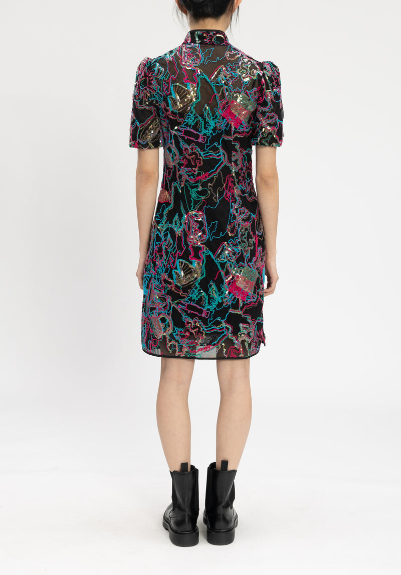 CITY FIREWORK EMBROIDERY CHEONGSAM DRESS