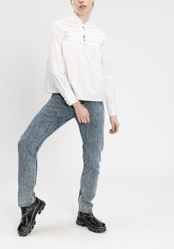 WHITE HIGH COLLAR COTTON POPLIN SHIRT
