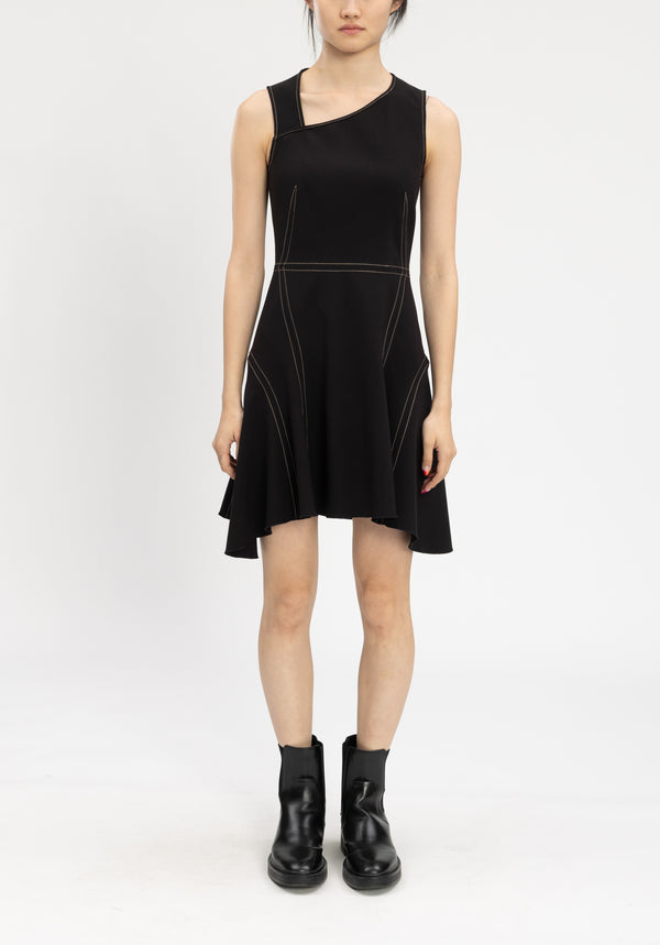 ASYMETRICAL NECK FIT FLARE DRESS