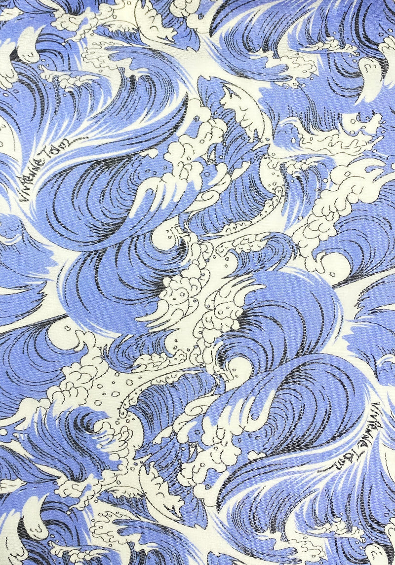 SEA WAVE PRINT RUFFLE NECKLINE NETTING TOP